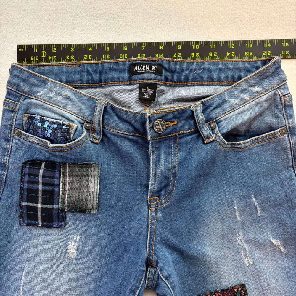 Allen B. Patchwork Flare Jeans Women 6 Blue Sequin Distressed Boho Denim - Picture 7 of 10
